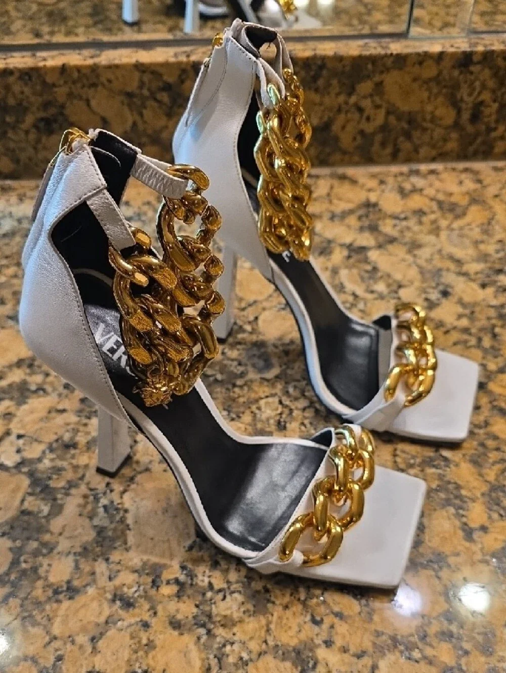 Versace White Heeled Sandals with Gold Chain Accents - Picture 5 of 12